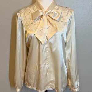 Vintage 80s Cream Satin Bow Blouse Embroidered Rhinestone Secretary Top